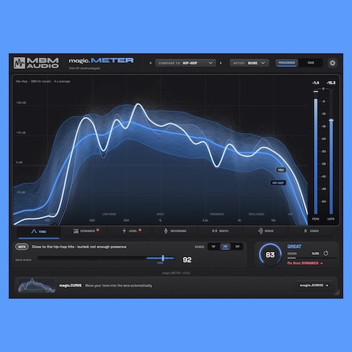 Music By Mattie「magic.METER」3,054曲のヒットソングと自分の歌声を比較！EQ・音量・コンプレッションなど7項目を分析する無料ボーカル解析プラグイン｜DTMプラグインセール