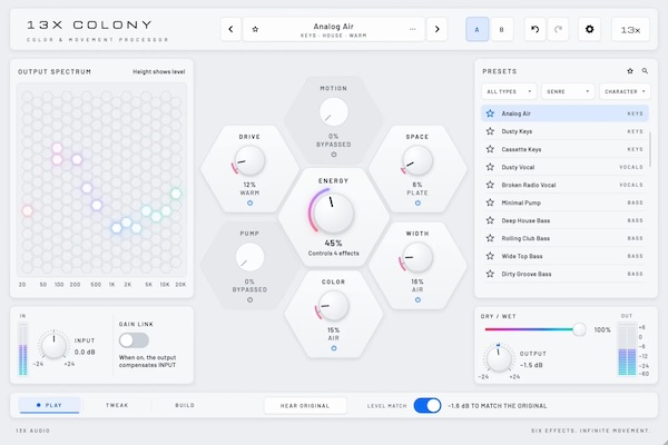 13X.AUDIO「Colony」6種類のエフェクトを1つのENERGYノブで操作！ドラム・ベース・シンセに歪み・広がり・動きを加える無料マルチエフェクトプラグイン｜DTMプラグインセール