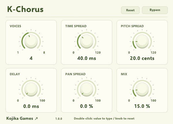Kojika Games「K-Chorus」最大8声のコーラスで音に厚みと広がりを加える無料エフェクトプラグイン！時間差・ピッチ差・ステレオ幅を細かく調整｜DTMプラグインセール