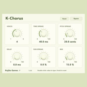 Kojika Games「K-Chorus」最大8声のコーラスで音に厚みと広がりを加える無料エフェクトプラグイン！時間差・ピッチ差・ステレオ幅を細かく調整｜DTMプラグインセール