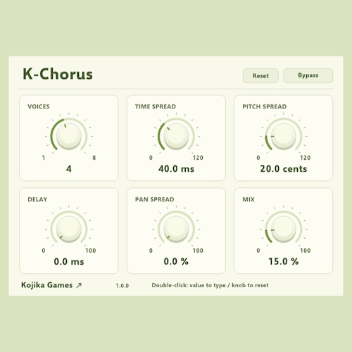 Kojika Games「K-Chorus」最大8声のコーラスで音に厚みと広がりを加える無料エフェクトプラグイン！時間差・ピッチ差・ステレオ幅を細かく調整｜DTMプラグインセール