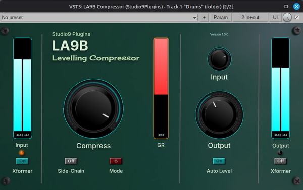 Recording Studio9「LA9B Levelling Compressor」ワンダイヤルで音量を整え、2種類のコンプレッションモードとアナログ風の質感を加えられる無料プラグイン｜DTMプラグインセール