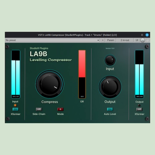Recording Studio9「LA9B Levelling Compressor」ワンダイヤルで音量を整え、2種類のコンプレッションモードとアナログ風の質感を加えられる無料プラグイン｜DTMプラグインセール
