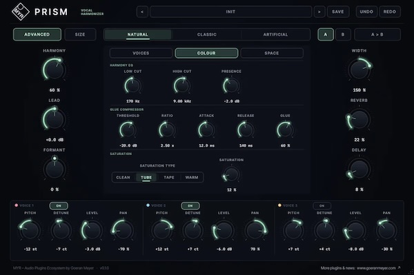 MYR「PRISM Harmonizer」1つのボーカルから最大3声のハーモニーを生成！音程・フォルマント・ステレオ感を調整できる無料プラグイン｜DTMプラグインセール