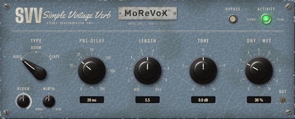MoReVoX「SVV」無料ヴィンテージリバーブプラグイン！HALL・ROOM・PLATEの3種類の空間と5つのパラメーターで残響を調整｜DTMプラグインセール