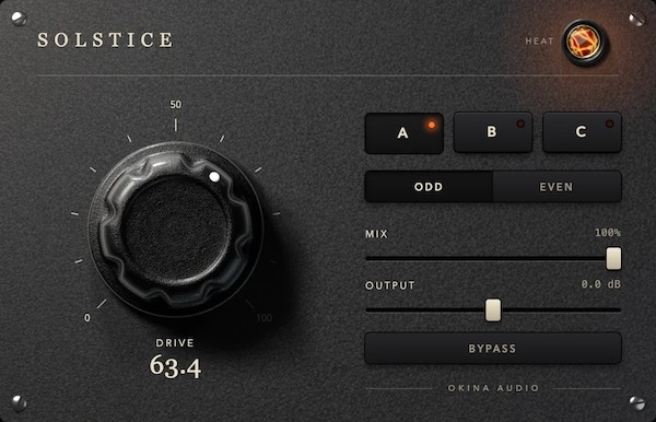 OKINA AUDIO「Solstice」3種類のアナログサチュレーションを切り替え、DRIVEノブひとつで倍音や歪みを調整できるサチュレータープラグイン｜DTMプラグインセール