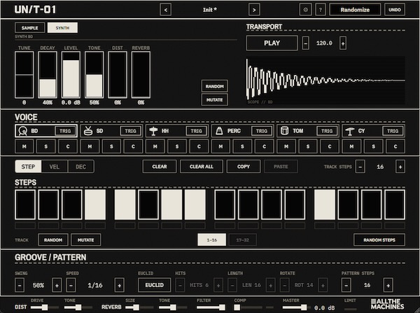 All The Machines「UN/T-01」808ドラム音源とサンプル再生を組み合わせた無料ドラムマシン！6トラック・最大32ステップでリズムパターンを制作｜DTMプラグインセール