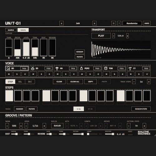 All The Machines「UN/T-01」808ドラム音源とサンプル再生を組み合わせた無料ドラムマシン！6トラック・最大32ステップでリズムパターンを制作｜DTMプラグインセール