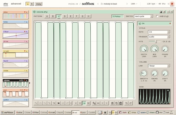 styley「softbox」10種類のシェイパーとスライサーで音を自在に加工！グリッチ・スタッター・逆再生などのリズミカルなエフェクトを作れる無料プラグイン｜DTMプラグインセール