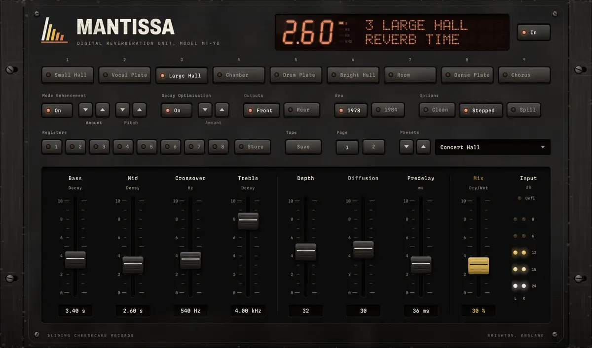 Sliding Cheesecake Records「Mantissa」1978年のヴィンテージ・デジタルリバーブを再現！8種類の残響とコーラスを収録した無料プラグイン｜DTMプラグインセール