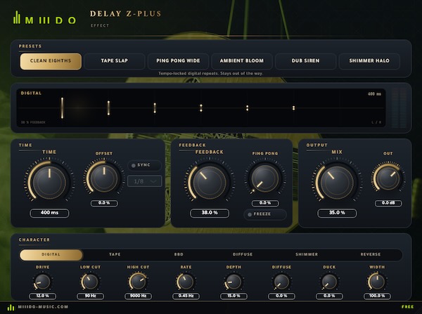 M III D O「New Orleans・Delay Z-Plus」無料の空間系エフェクト2製品！12種類のリバーブ調整機能と6種類のディレイモードを搭載｜DTMプラグインセール