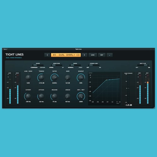 Dropshot Audio「Tight Lines」低域と高域を個別にコントロール！コンプレッション・エクスパンション・ソフトクリッピングを搭載した無料ダイナミクスプラグイン｜DTMプラグインセール
