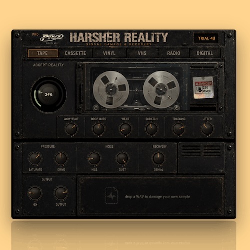 Piruz Labs「Harsher Reality」6種類のメディア劣化を再現！テープ・カセット・レコードなどのLo-Fiサウンドを作り、音の厚みや明瞭さも調整できるエフェクト｜DTMプラグインセール