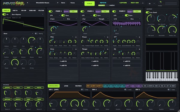 huuba91「Neuroforge」ニューロファンク特有の複雑なベースサウンドをワンクリックで生成!9種類の音色タイプとリサンプリング機能を搭載した無料ソフトシンセ|DTMプラグインセール