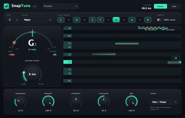 NicoFerni「SnapTune」自然な音程補正からロボットボイスまで対応!リアルタイム処理とMIDIによる音程指定ができるボーカル用ピッチ補正プラグイン|DTMプラグインセール