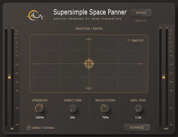 OwnLife Audio「Supersimple Space Panner」音の左右の定位と前後の奥行きを直感的に調整！初期反射音を使ってステレオ空間に立体感を加えるエフェクト｜DTMプラグインセール