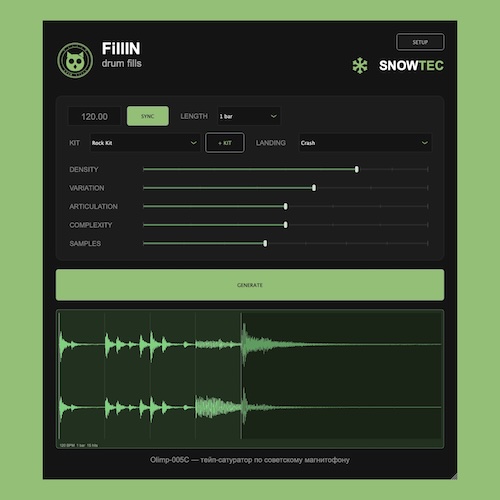 SnowTec「FillIN」ドラムのフィルインをワンクリックで自動生成！15種類のドラムキットを収録し、オーディオ・MIDI出力に対応する無料プラグイン｜DTMプラグインセール
