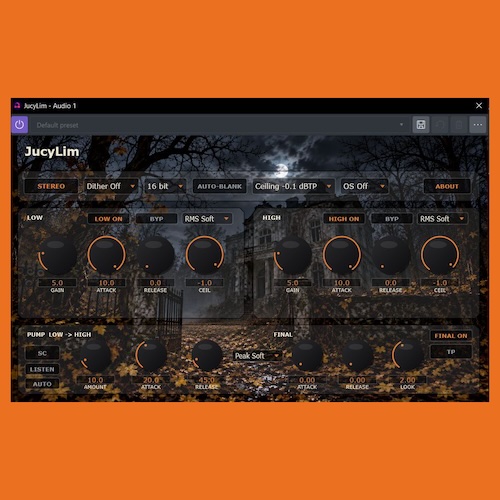 Igor Kolosov「JucyLim」低域と高域を個別にリミッティング！62.5Hzで帯域を分割し、音圧とピークをコントロールする無料マスタリングリミッター｜DTMプラグインセール