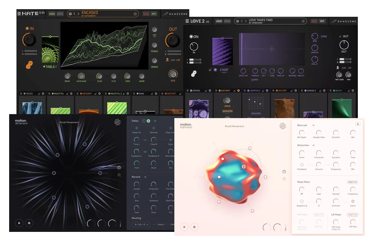 Dawesome × Excite Audio「Effects Bundle」音の質感・歪み・空間・動きを自在に加工!4種類のエフェクトでシンセやドラム、ボーカルを変化させるバンドル
