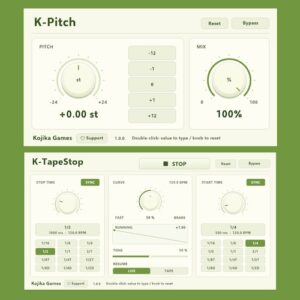 Kojika Games「K-Pitch / K-TapeStop」ボーカルのハーモニー作成から楽曲の展開を彩るテープストップ演出まで！2種類の無料エフェクトプラグイン｜DTMプラグインセール
