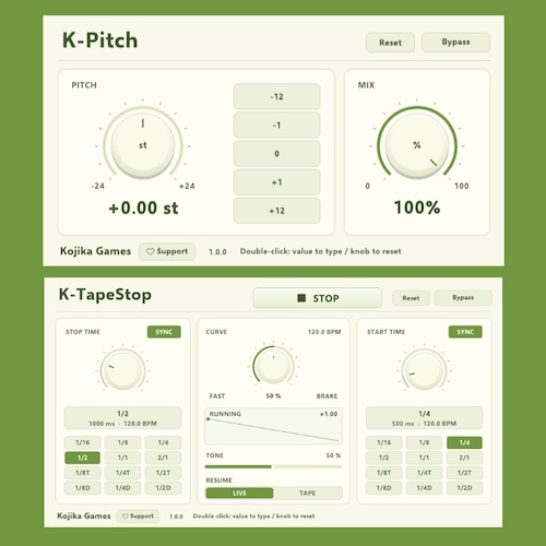 Kojika Games「K-Pitch / K-TapeStop」ボーカルのハーモニー作成から楽曲の展開を彩るテープストップ演出まで！2種類の無料エフェクトプラグイン｜DTMプラグインセール