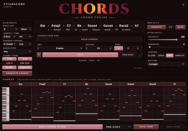 Titanscore Audio「Chords」無料でコード進行を自動生成！100種類以上のプリセットとMIDI出力に対応した作曲支援プラグイン｜DTMプラグインセール