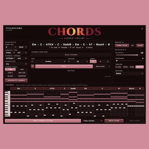 Titanscore Audio「Chords」無料でコード進行を自動生成！100種類以上のプリセットとMIDI出力に対応した作曲支援プラグイン｜DTMプラグインセール