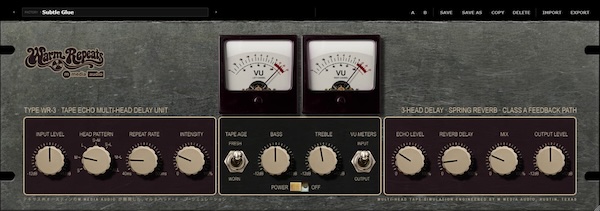 M Media Audio「Warm Repeats」3つのテープヘッドとスプリングリバーブで、温かみのある反復音やヴィンテージエコーを作れる無料ディレイプラグイン|DTMプラグインセール