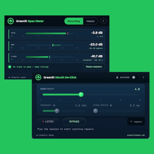 Greenlit Audio「Mouth De-Click / Spec Meter」口のクリックノイズ除去と音声品質チェックに対応！録音・ナレーション制作に役立つ2種類の無料プラグイン｜DTMプラグインセール