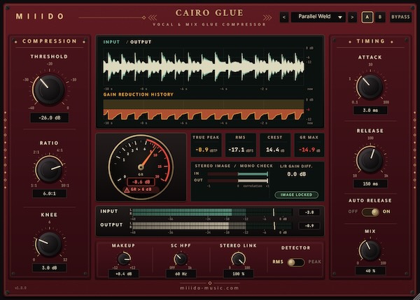 M III D O「Cairo Glue」ボーカルとビートを自然になじませる無料グルーコンプレッサー！ステレオ感を維持しながらミックス全体をまとめる｜DTMプラグインセール
