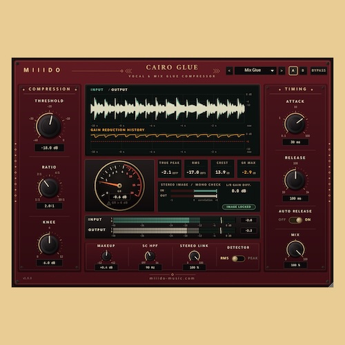 M III D O「Cairo Glue」ボーカルとビートを自然になじませる無料グルーコンプレッサー！ステレオ感を維持しながらミックス全体をまとめる｜DTMプラグインセール