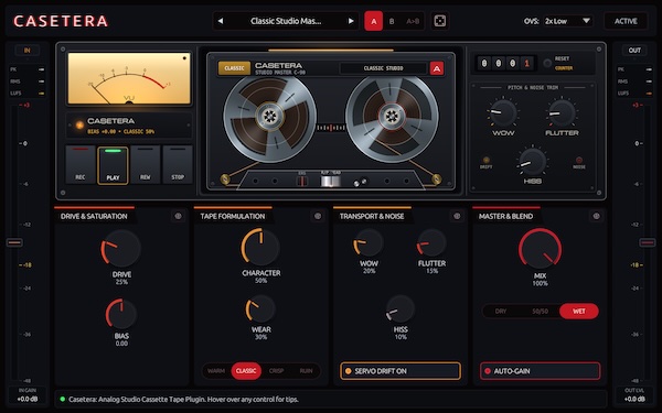 Carbon Fiber Plugins「Casetera」ヴィンテージカセットの温かみや歪みを再現！4種類のテープ特性でLo-Fiサウンドを作れる無料プラグイン｜DTMプラグインセール