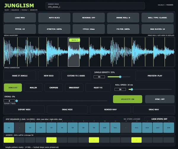 Junglism VST「Junglism」ドラムブレイクを自動スライスしてリズムパターンを生成！ジャングル・ドラムンベース制作に使える無料VST3音源｜DTMプラグインセール
