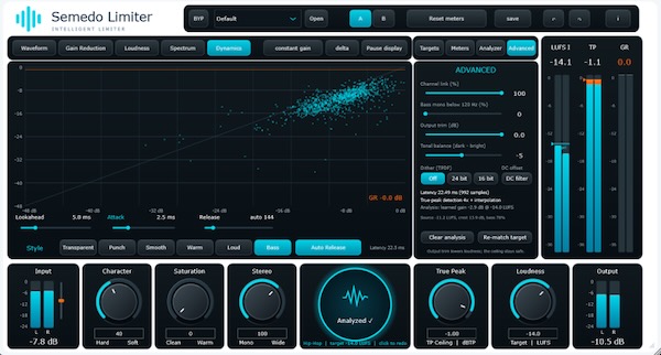 semedo「LIMITER」楽曲を解析して最適な音圧調整をサポート！AI分析とTrue-Peak Limitingを搭載したマスタリングプラグイン｜DTMプラグインセール