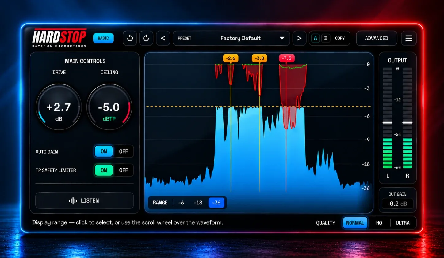 Raytown Productions「HardStop Basic」無料で使えるハードクリッパー＆トゥルーピークリミッター！音圧調整・ピーク制御・マスタリングに対応｜DTMプラグインセール