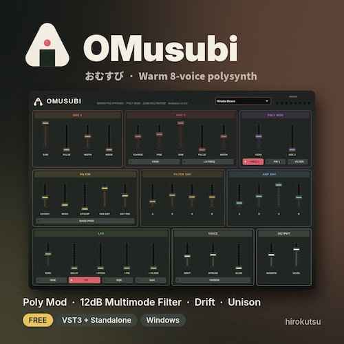 hirokutsu「OMusubi」温かいパッドから金属的なベル、うなるリードまで！ポリモジュレーション搭載の無料8音ポリシンセ｜DTMプラグインセール