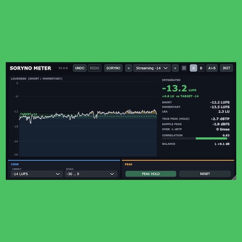 SORYNO「SORYNO METER」目標LUFSとの差を色で表示！ミックス・マスタリングに役立つ無料メータープラグイン｜DTMプラグインセール