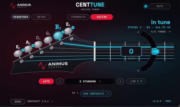 Animus Vertex「CentTune」ギターのペグを回す方向がひと目で分かる無料チューナープラグイン！6弦・7弦やドロップチューニングにも対応｜DTMプラグインセール