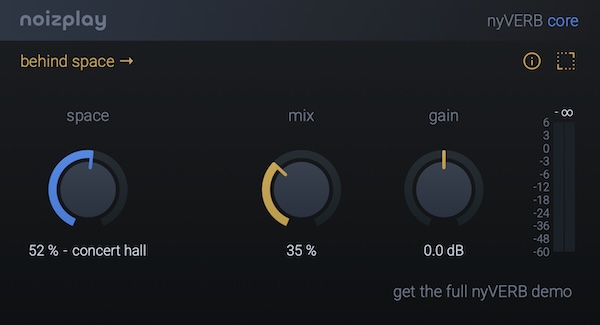 noizplay「nyVERB core」ワンノブで空間の響きを調整できる無料リバーブ!ボーカルブースから大聖堂まで6種類のプリセットをシームレスに切り替えて音作り|DTMプラグインセール