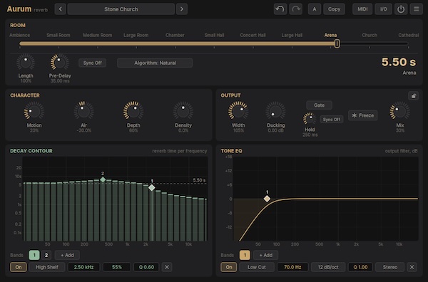 Verdalis「Aurum Reverb」周波数ごとに残響時間を調整できる無料リバーブプラグイン！自然なルームから壮大な大聖堂まで多彩な空間を表現｜DTMプラグインセール