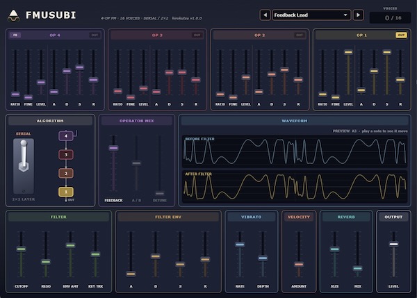 hirokutsu「FMusubi」4つのサイン波と2種類のアルゴリズムで多彩な音色を作る無料FMシンセ！少ないつまみで直感的に音作り｜DTMプラグインセール
