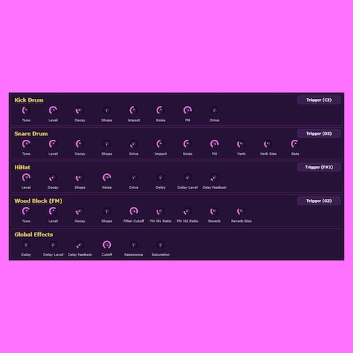 FunkFreak Audio「Funkit Drum Synthesizer」キック・スネア・ハイハットなど4種類の音を自由に作れる無料ドラムシンセサイザー｜DTMプラグインセール