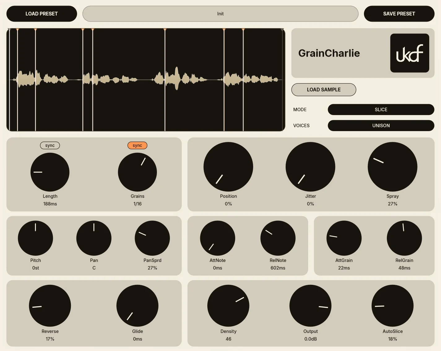 knowdatfeel「GrainCharlie v2」サンプルを細かな粒子に分解して新しい音色を生み出す無料グラニュラーシンセサイザー！スライス編集やMIDI演奏にも対応｜DTMプラグインセール