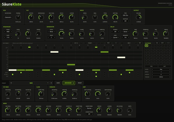 Verdalis「SäureKiste」アナログ回路を再現した無料アシッドベース音源！64パターンのシーケンサーと10種類のドライブを搭載｜DTMプラグインセール