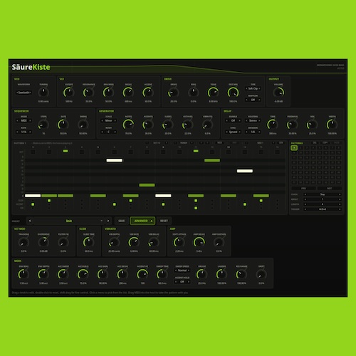 Verdalis「SäureKiste」アナログ回路を再現した無料アシッドベース音源！64パターンのシーケンサーと10種類のドライブを搭載｜DTMプラグインセール