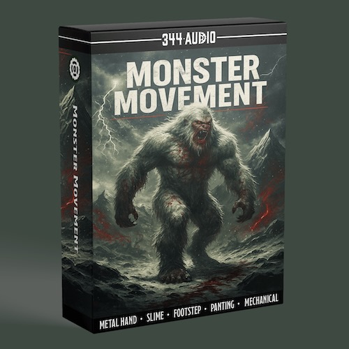 344 Audio「Monster Movement」モンスターの重い足音や金属製の手足の動き、粘液を伴う移動音など23種類を収録した映画・ゲーム向け効果音ライブラリ｜DTMプラグインセール
