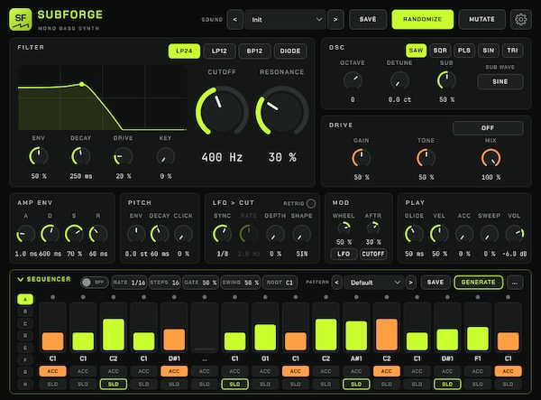 Henrik Juhl「SubForge」16ステップシーケンサー搭載！ベースラインを自在に組み立てられるモノフォニック・シンセサイザー｜DTMプラグインセール