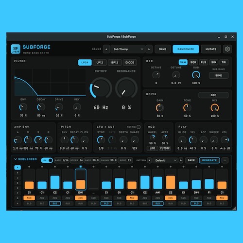 Henrik Juhl「SubForge」16ステップシーケンサー搭載！ベースラインを自在に組み立てられるモノフォニック・シンセサイザー｜DTMプラグインセール