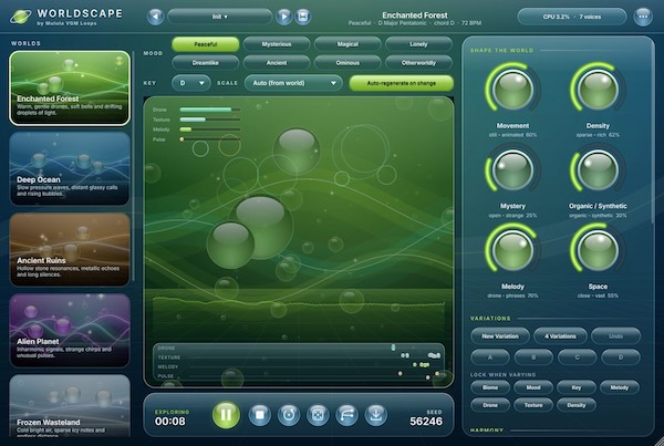 Mulula VGM Loops「WORLDSCAPE」8つの世界とムードを選ぶだけでアンビエント音楽を自動生成！ループ・MIDI・ステム書き出しに対応した無料プラグイン｜DTMプラグインセール