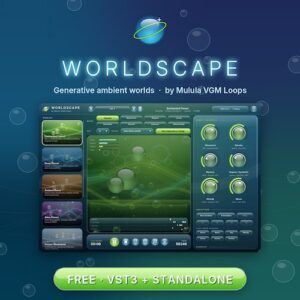 Mulula VGM Loops「WORLDSCAPE」8つの世界とムードを選ぶだけでアンビエント音楽を自動生成！ループ・MIDI・ステム書き出しに対応した無料プラグイン｜DTMプラグインセール